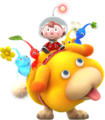 Artwork of Oatchi with the Rescue Officer and Pikmin riding on his back.